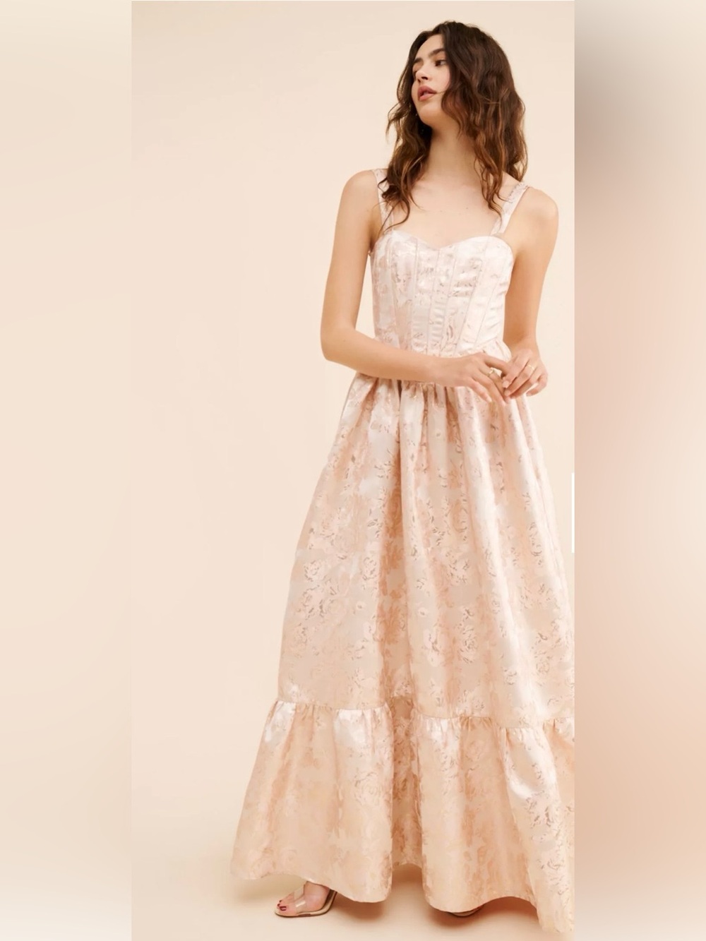 Elegant Blush Pink Floral Jacquard Maxi Dress with Corset Bodice